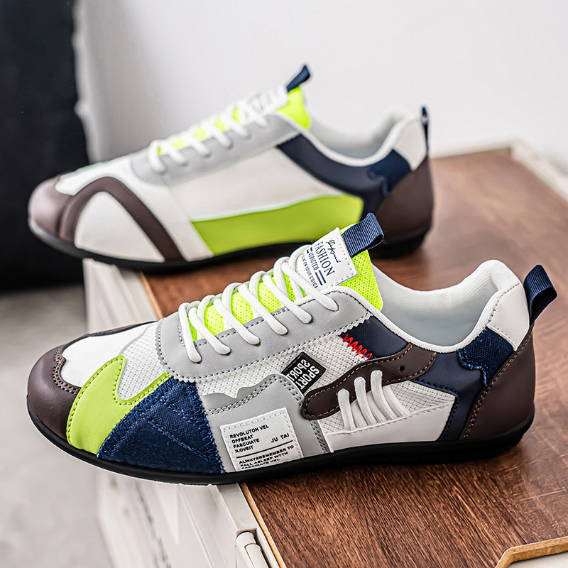 Men's Leather Comfortable Simple Color Blocked Sneakers Fashion Lightweight Round Toe Lace up Soft Sole Non-Slip Low Top Running Shoes Casual Walking Shoes