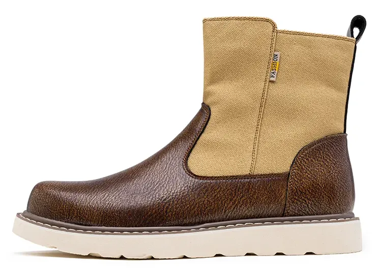 西部靴 - 男士方头工作靴，套穿式皮革威灵顿靴，耐用经典防滑软头牛仔靴