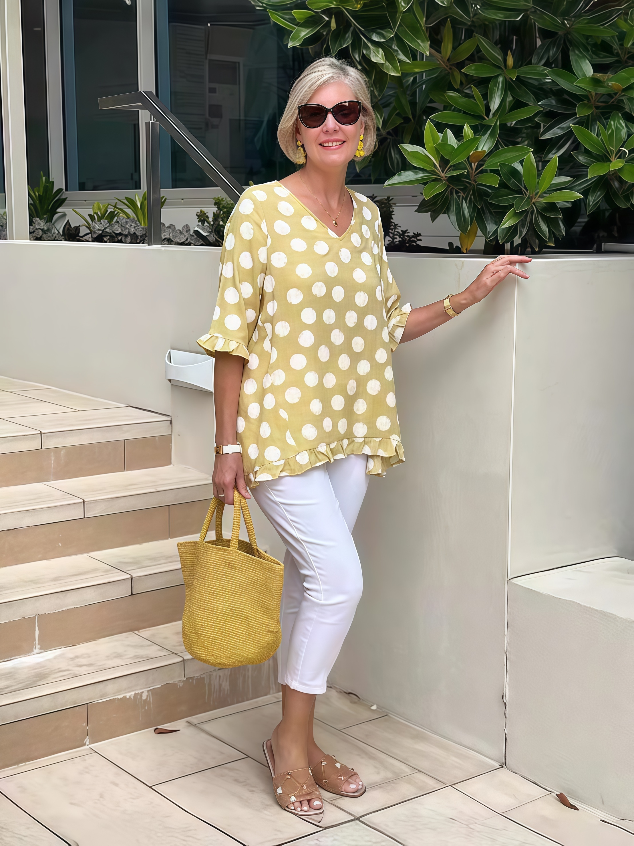 Summer Short-Sleeve V-Neck Polka Dot Printed Cotton-Linen T-Shirt