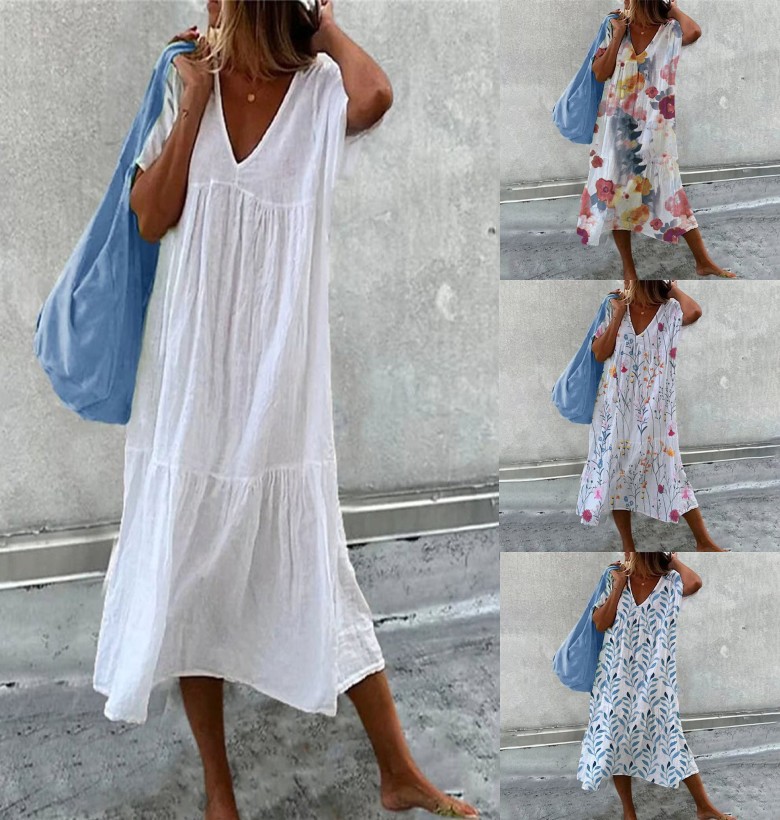 Floral print short-sleeve V-neck spliced long dress