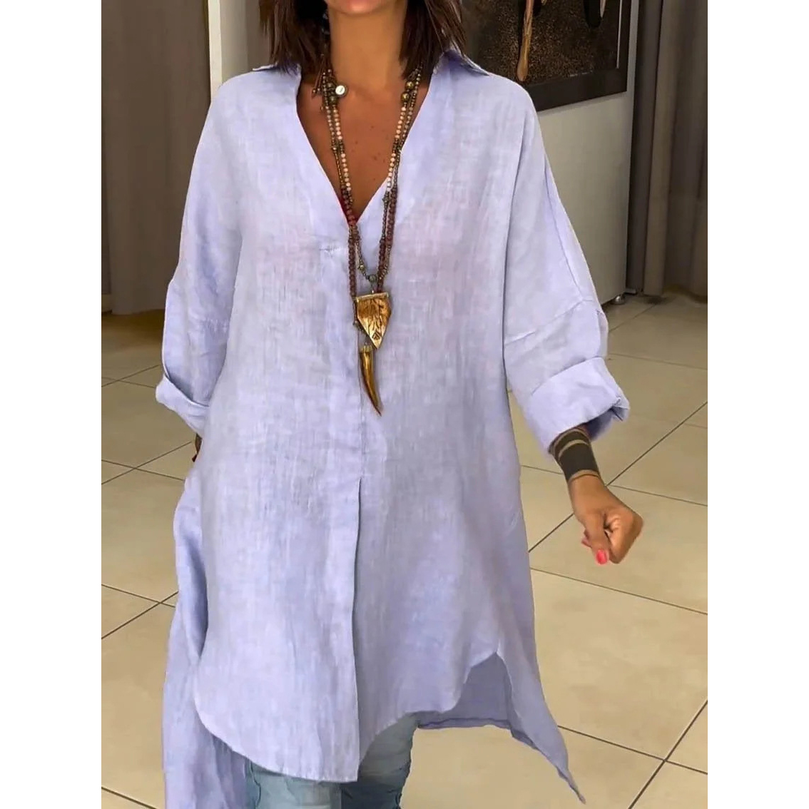 Summer ladies casual cotton linen split loose shirt dress
