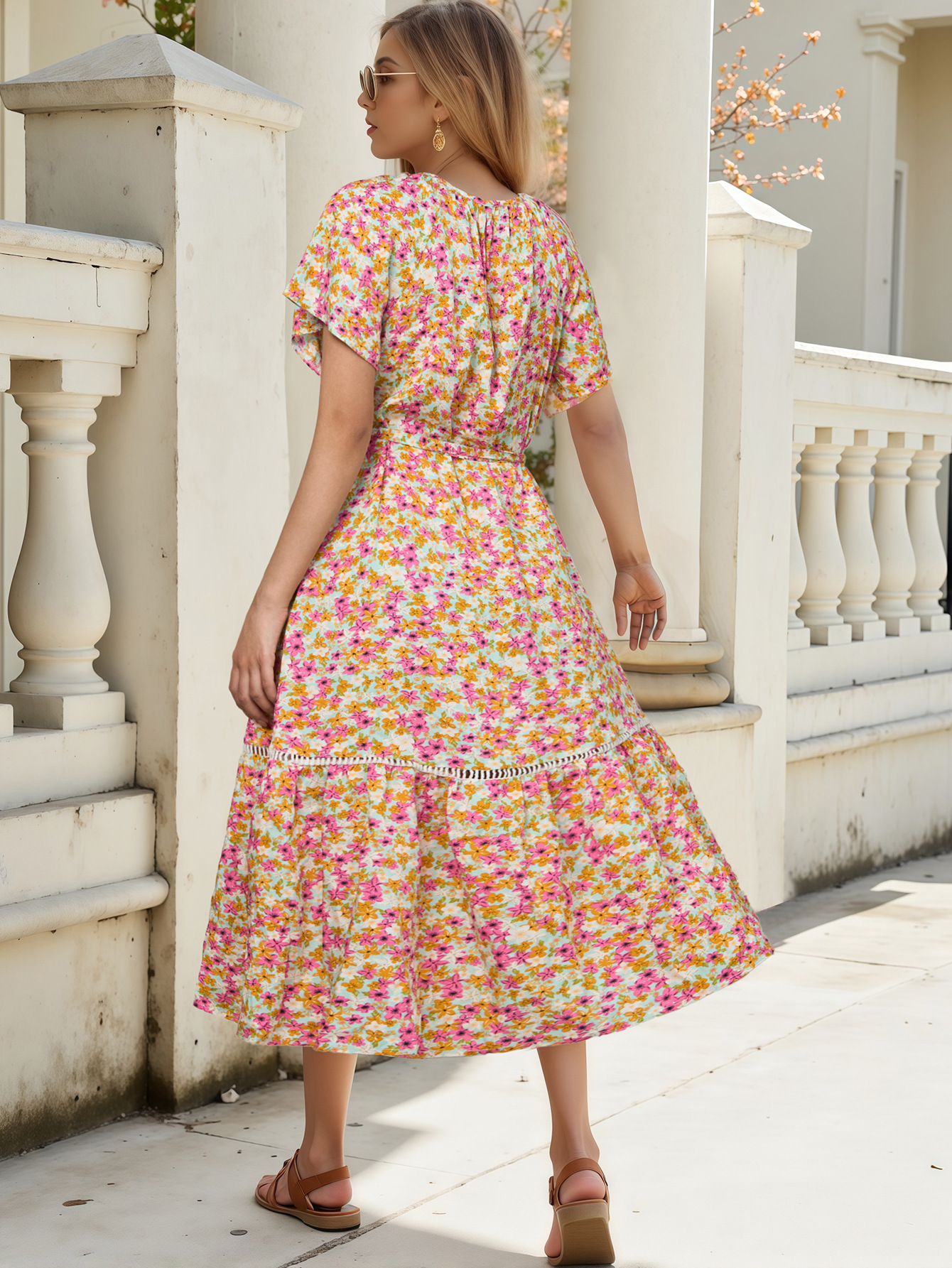 Cotton Printed Dress with Eyelet Lace Trim and Ruffled Paneling – Short Sleeves