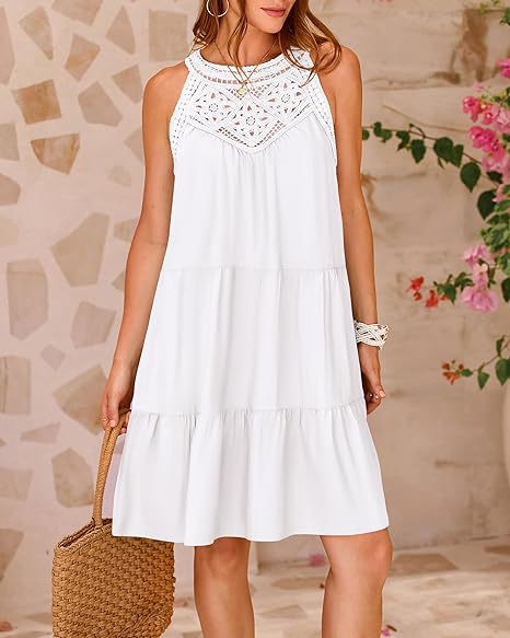 Hollow-out Lace Paneled Halter A-line Dress