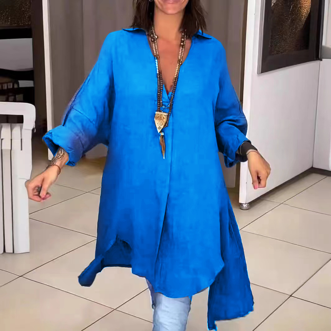 Summer ladies casual cotton linen split loose shirt dress