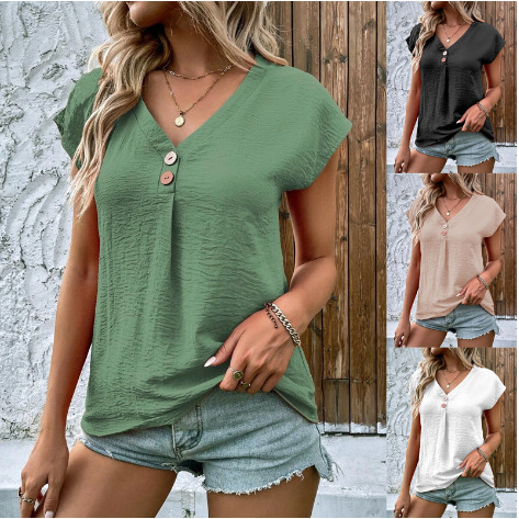 2025 new women's solid color twist button fashion short sleeve