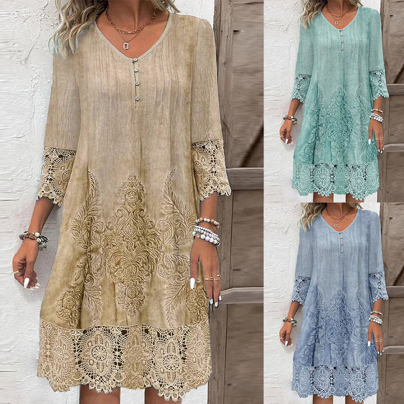 Solid Color Lace Trim Dress