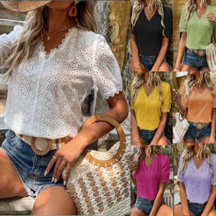 Solid-color Short-sleeved Cutout Blouse