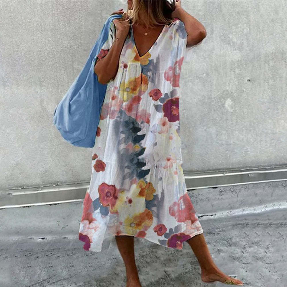 Floral print short-sleeve V-neck spliced long dress