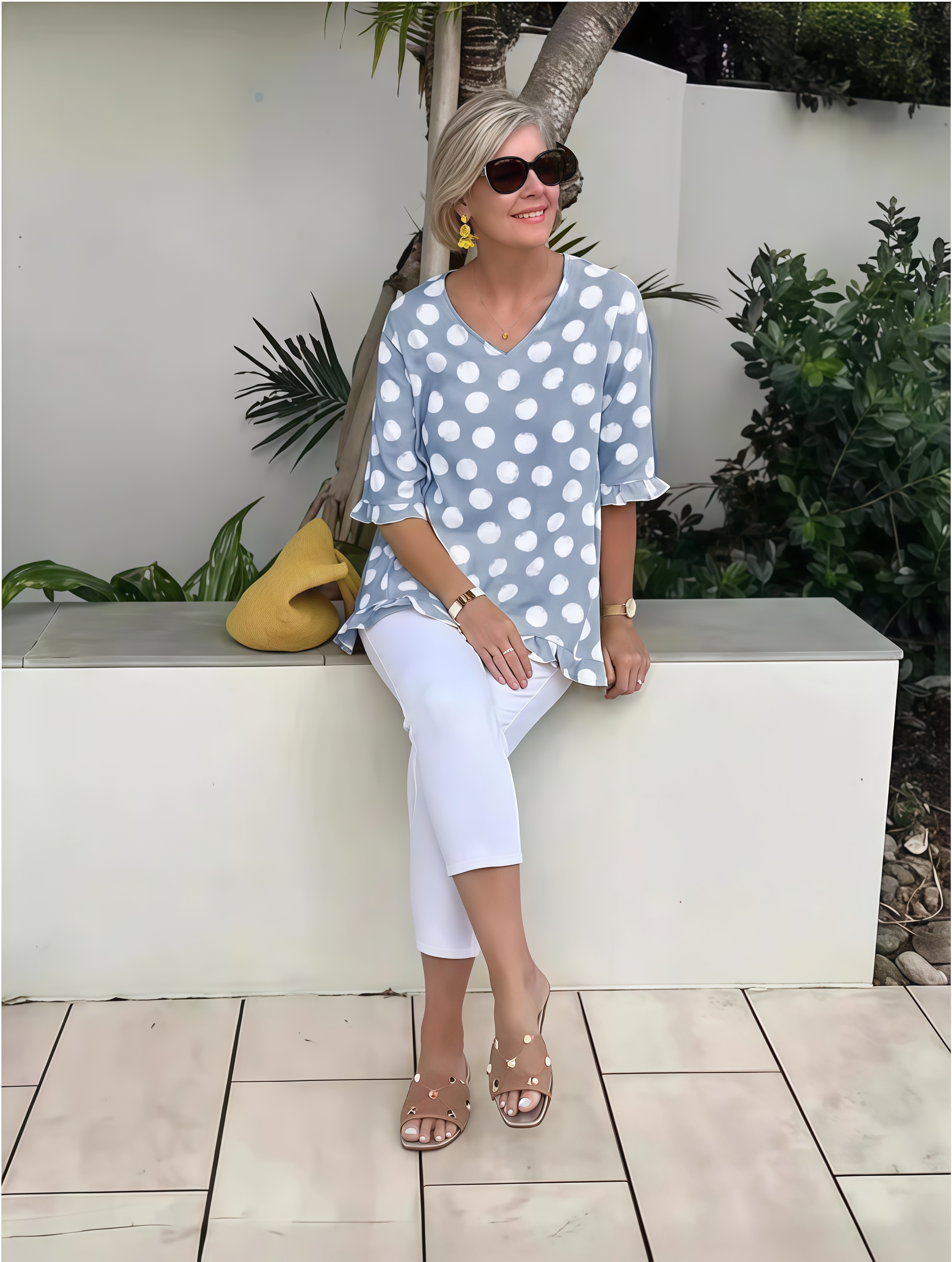 Summer Short-Sleeve V-Neck Polka Dot Printed Cotton-Linen T-Shirt