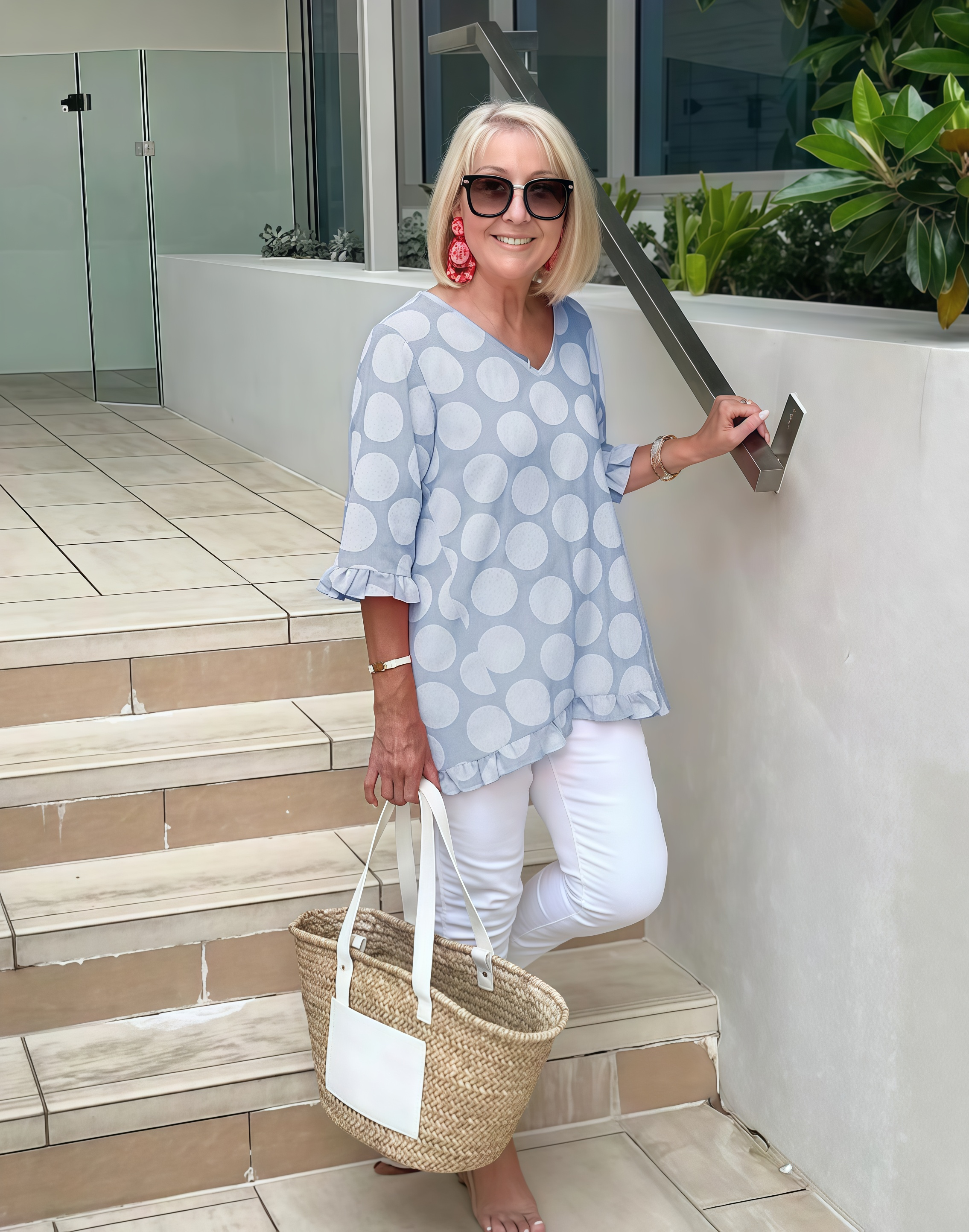 Summer Short-Sleeve V-Neck Polka Dot Printed Cotton-Linen T-Shirt