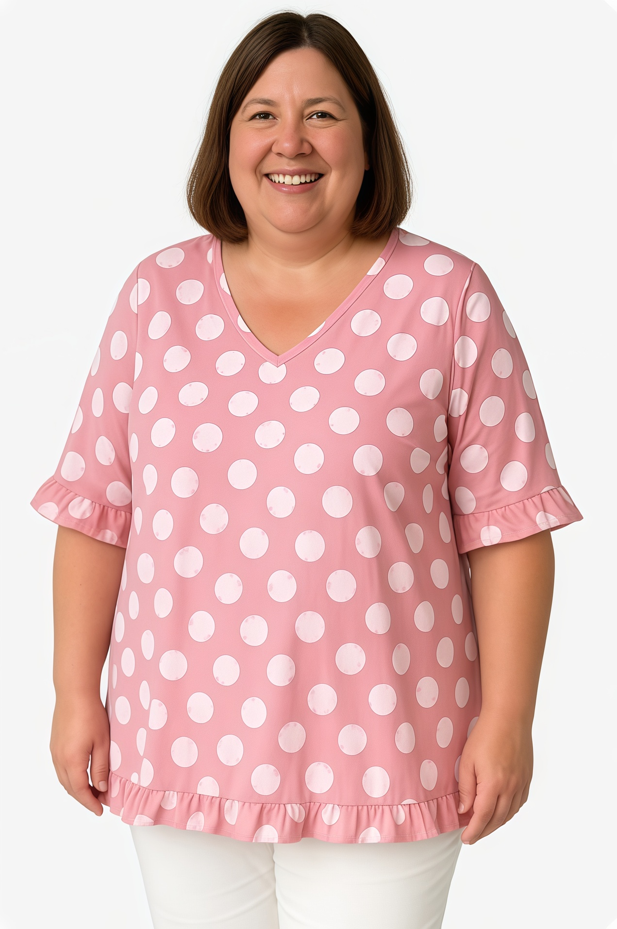Summer Short-Sleeve V-Neck Polka Dot Printed Cotton-Linen T-Shirt