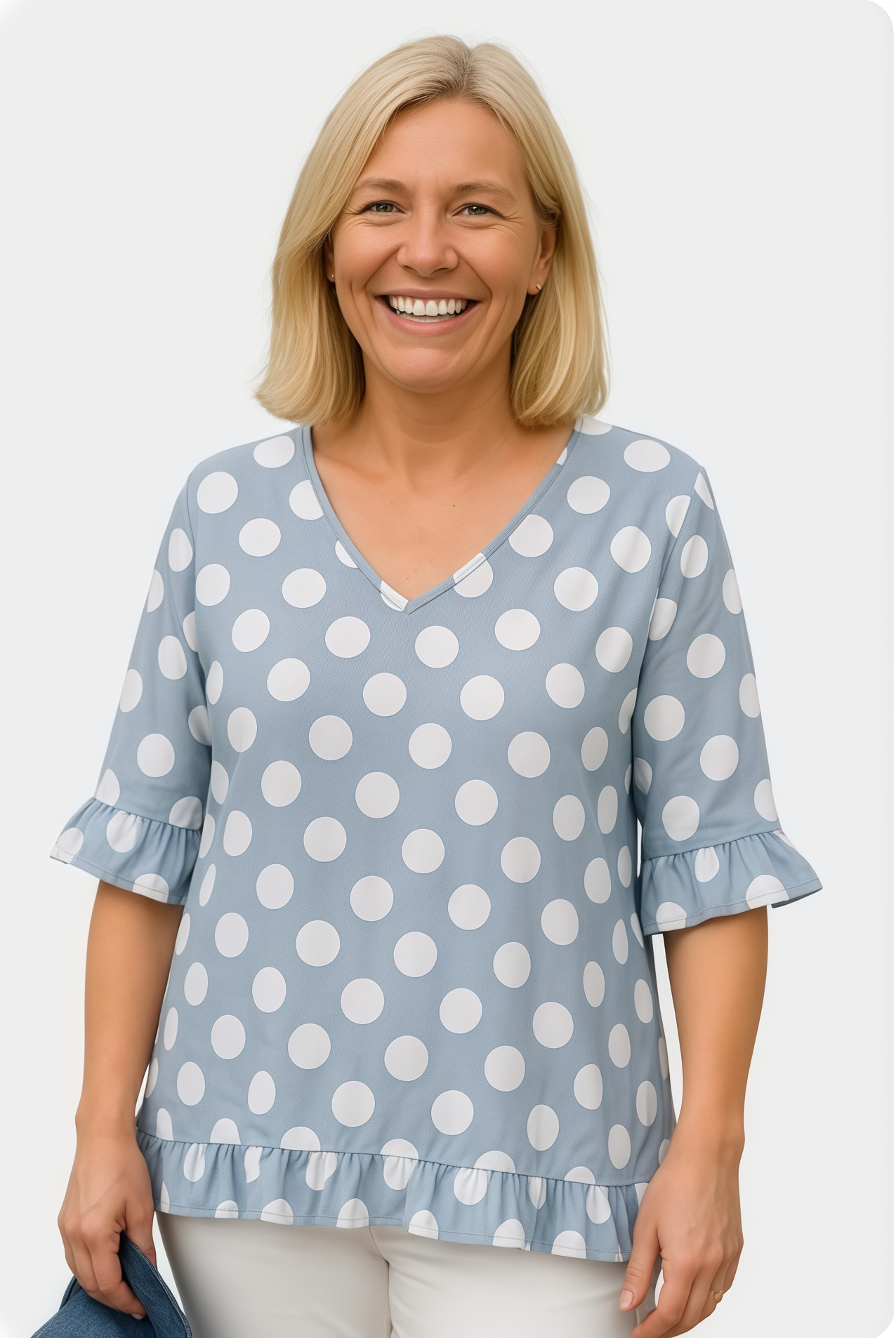 Summer Short-Sleeve V-Neck Polka Dot Printed Cotton-Linen T-Shirt