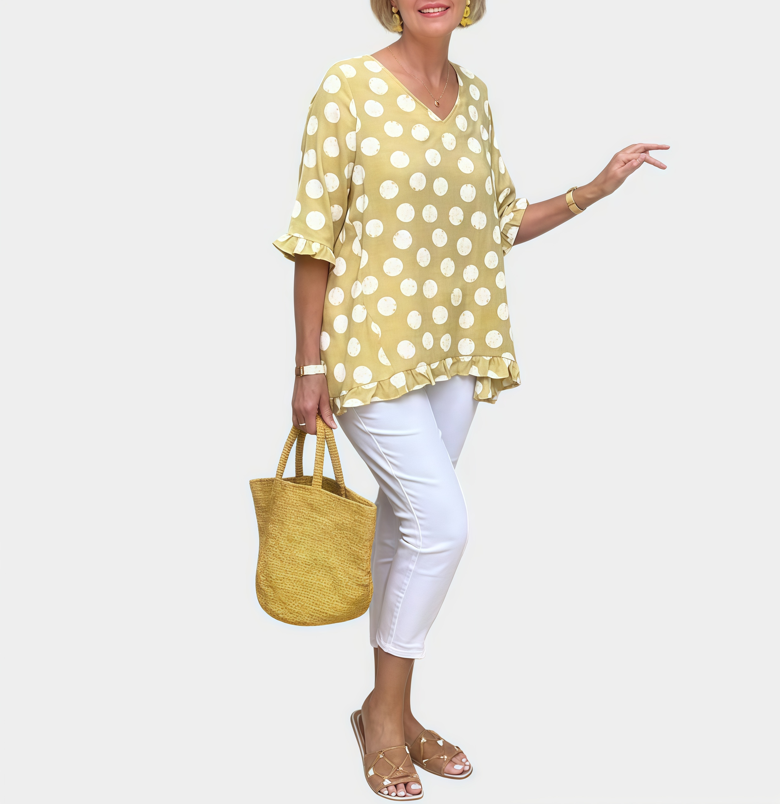 Summer Short-Sleeve V-Neck Polka Dot Printed Cotton-Linen T-Shirt