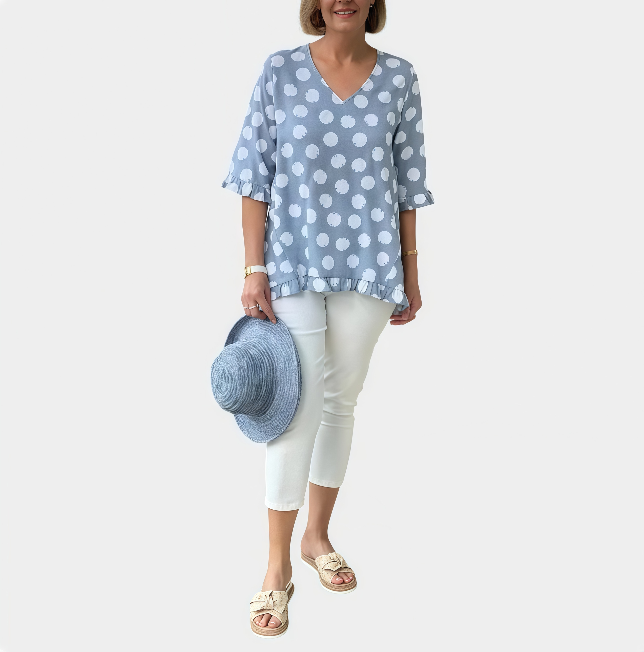 Summer Short-Sleeve V-Neck Polka Dot Printed Cotton-Linen T-Shirt