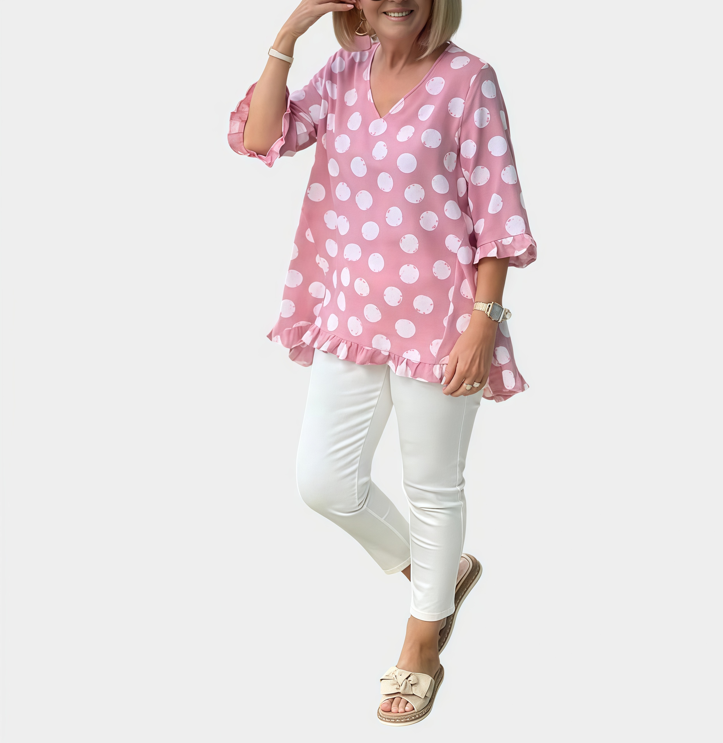 Summer Short-Sleeve V-Neck Polka Dot Printed Cotton-Linen T-Shirt