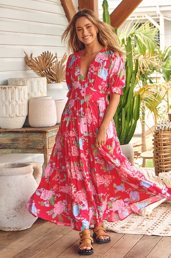 High-stretch V-neck floral loose long dress for beach vacation