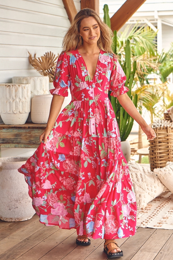 High-stretch V-neck floral loose long dress for beach vacation