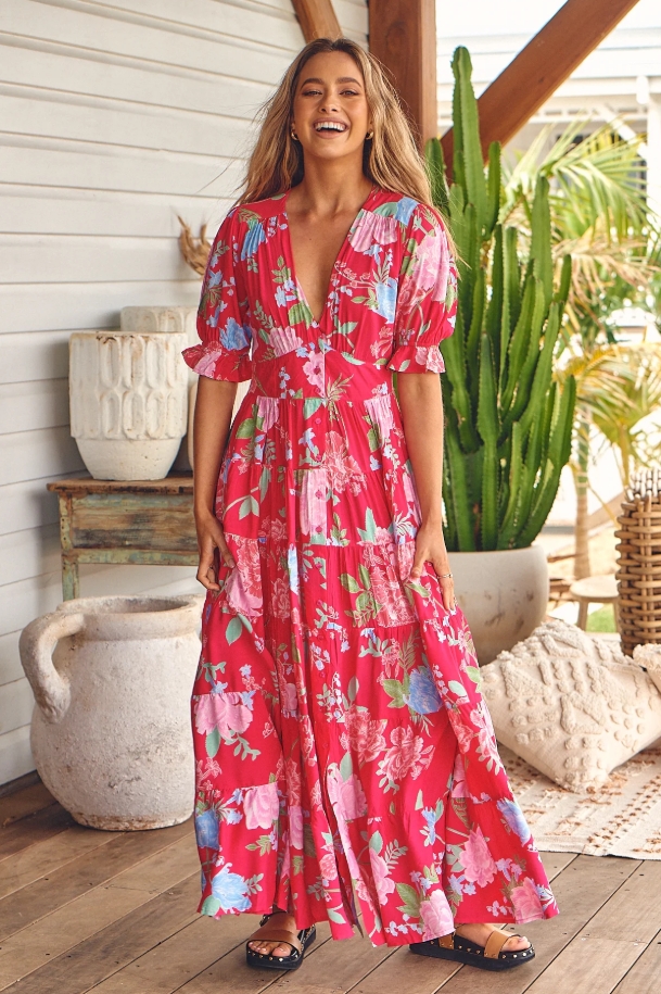 High-stretch V-neck floral loose long dress for beach vacation