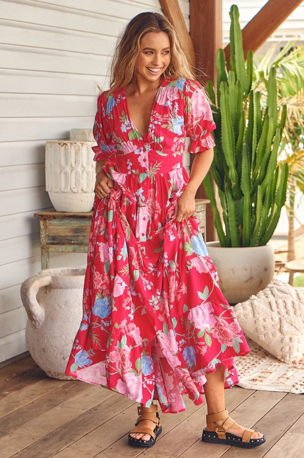 High-stretch V-neck floral loose long dress for beach vacation