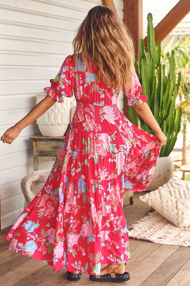 High-stretch V-neck floral loose long dress for beach vacation