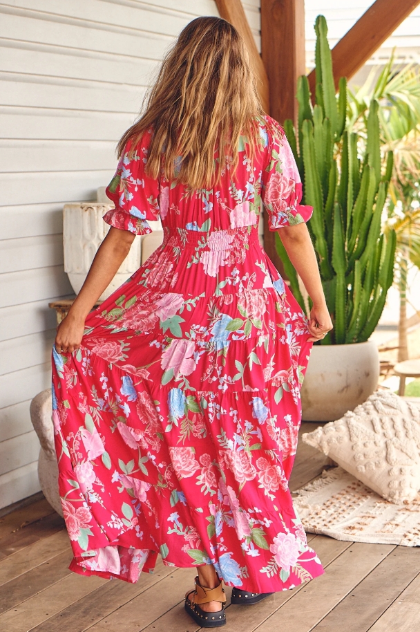 High-stretch V-neck floral loose long dress for beach vacation