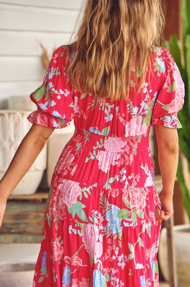 High-stretch V-neck floral loose long dress for beach vacation