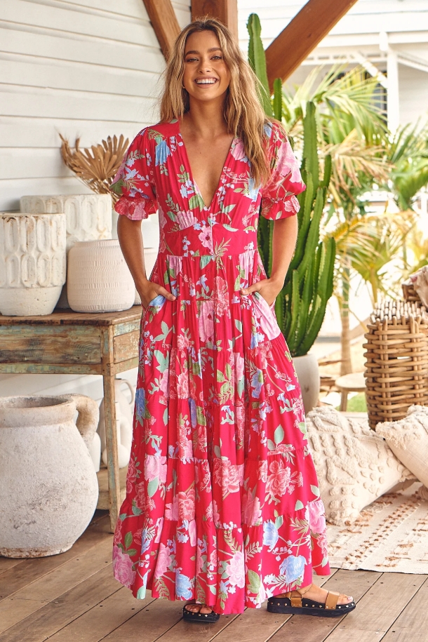 High-stretch V-neck floral loose long dress for beach vacation