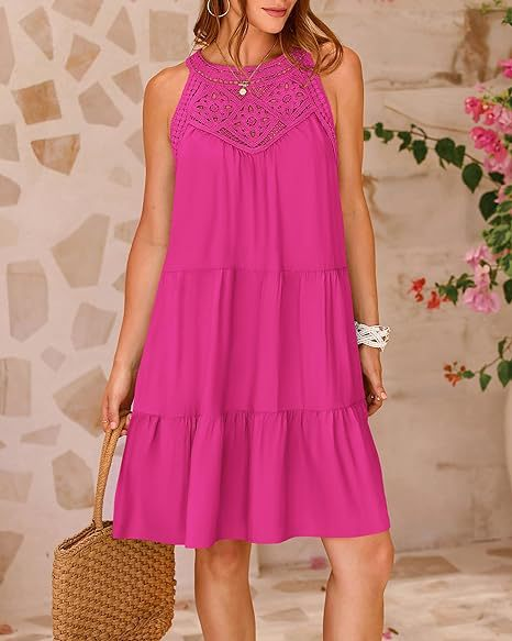 Hollow-out Lace Paneled Halter A-line Dress