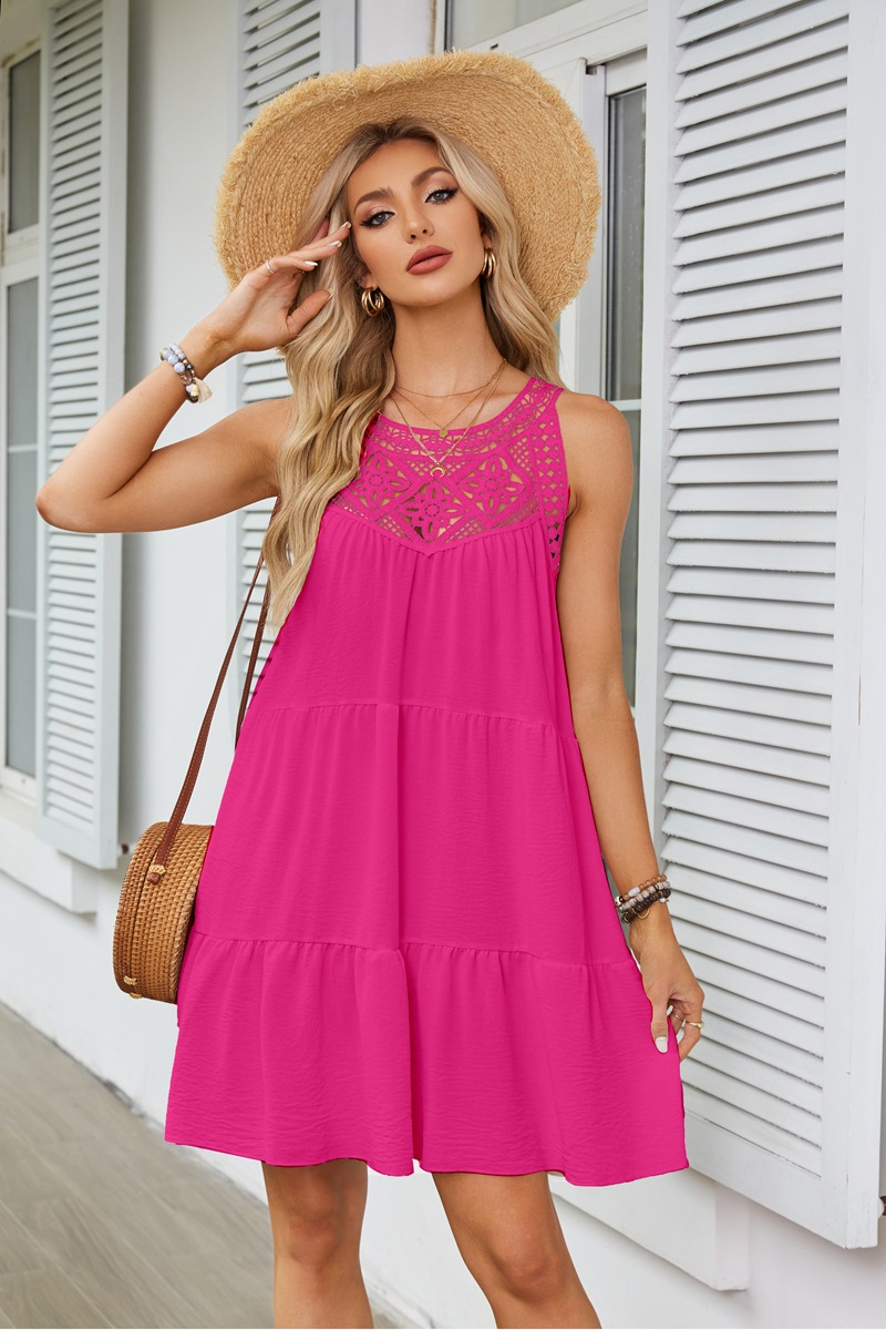 Hollow-out Lace Paneled Halter A-line Dress