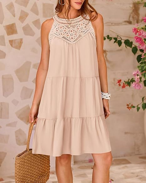 Hollow-out Lace Paneled Halter A-line Dress