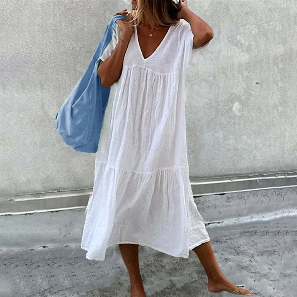 Floral print short-sleeve V-neck spliced long dress