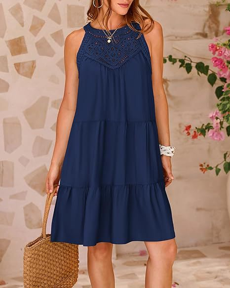 Hollow-out Lace Paneled Halter A-line Dress