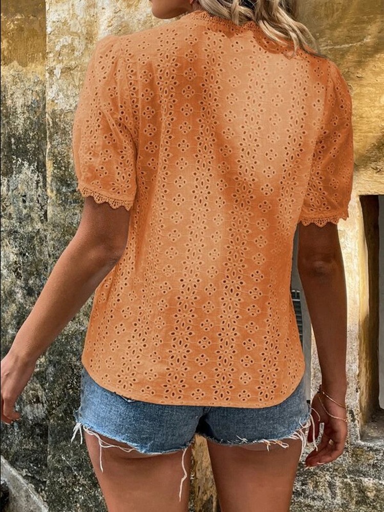 Solid-color Short-sleeved Cutout Blouse