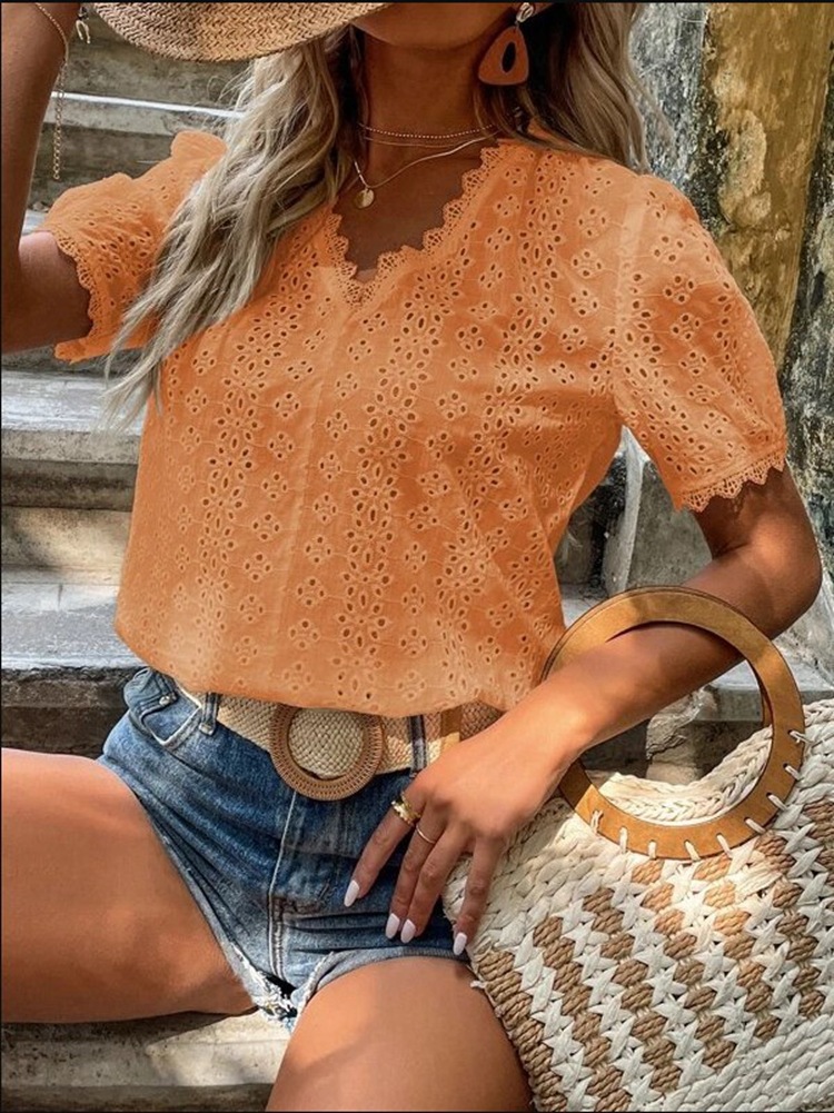 Solid-color Short-sleeved Cutout Blouse