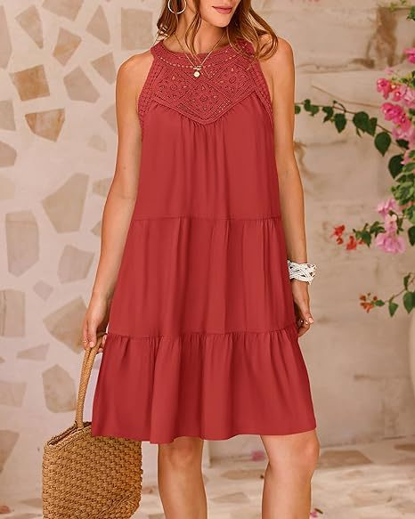 Hollow-out Lace Paneled Halter A-line Dress