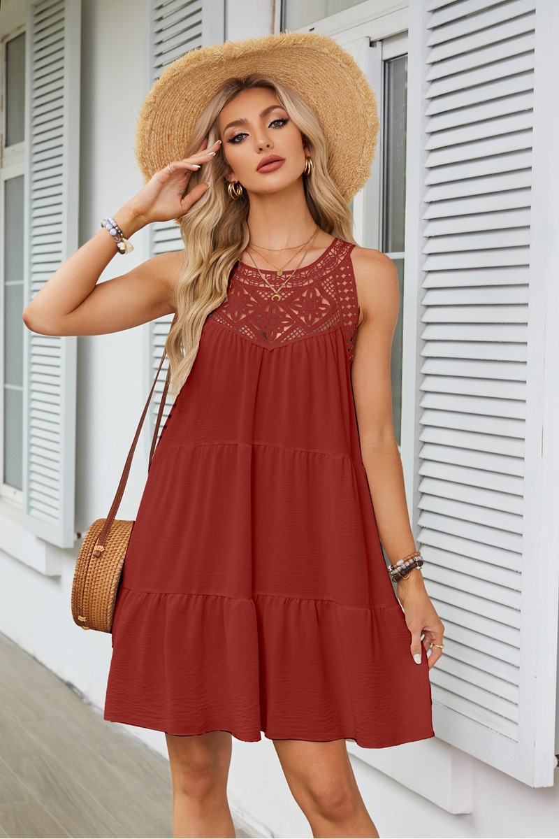 Hollow-out Lace Paneled Halter A-line Dress