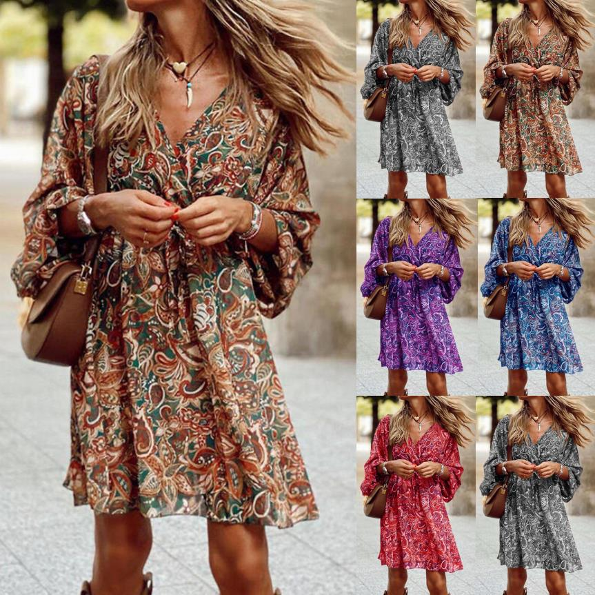 Mid-waist pullover short-sleeved printed loose dress