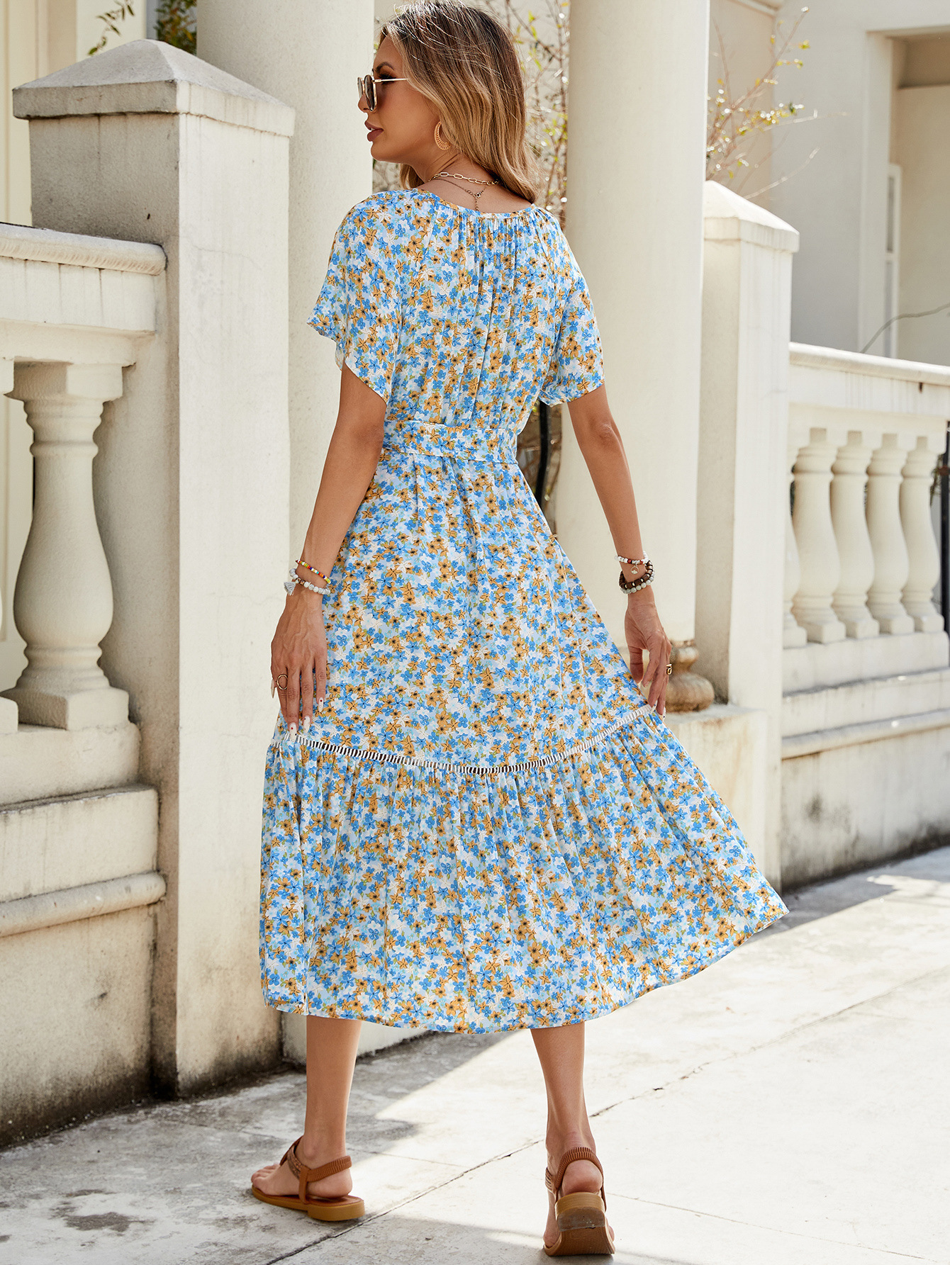 Cotton Printed Dress with Eyelet Lace Trim and Ruffled Paneling – Short Sleeves