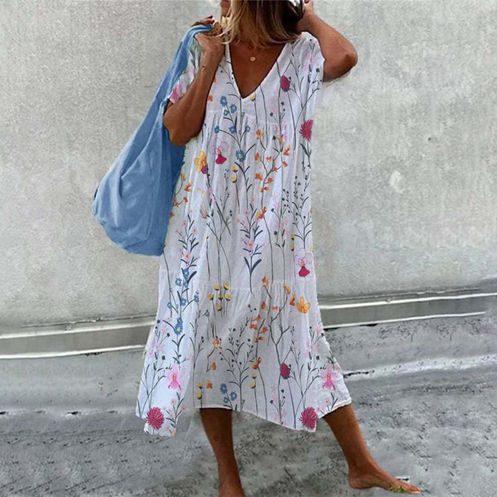 Floral print short-sleeve V-neck spliced long dress