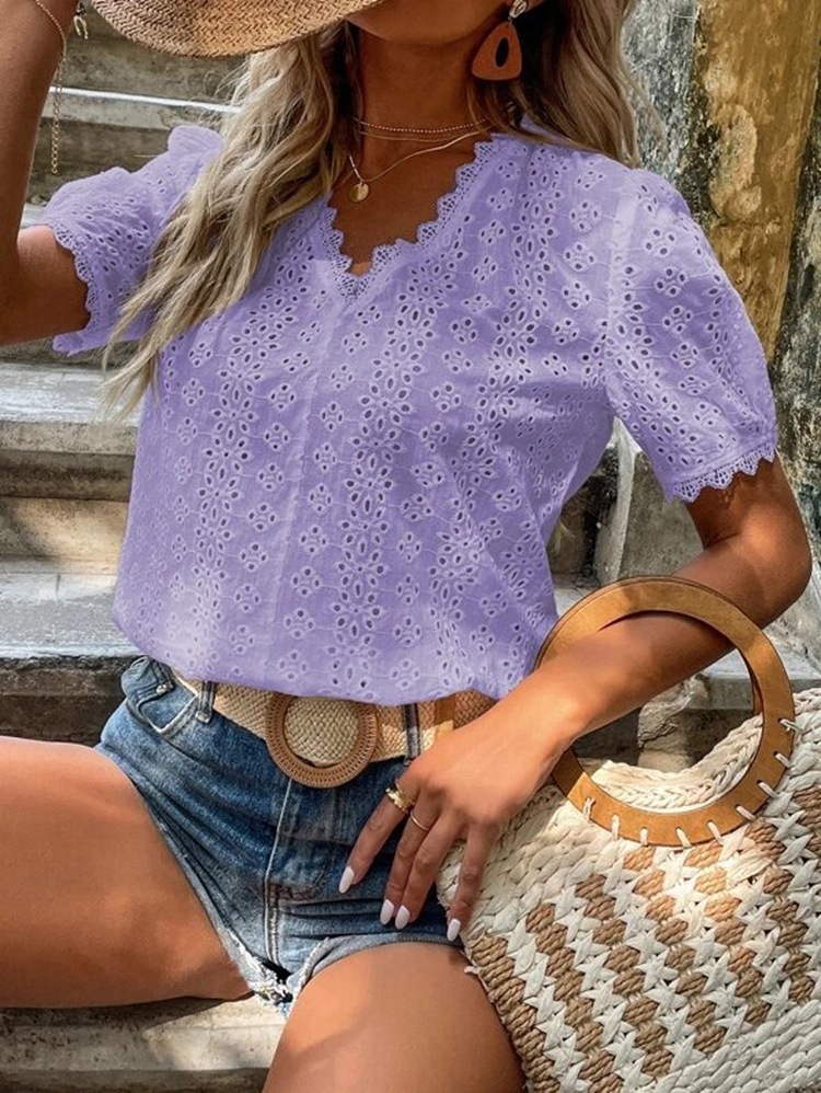 Solid-color Short-sleeved Cutout Blouse