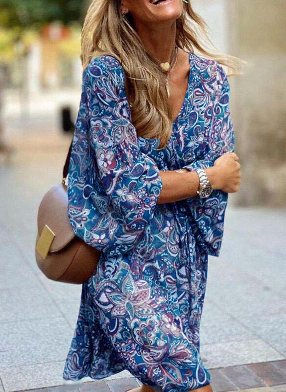 Mid-waist pullover short-sleeved printed loose dress