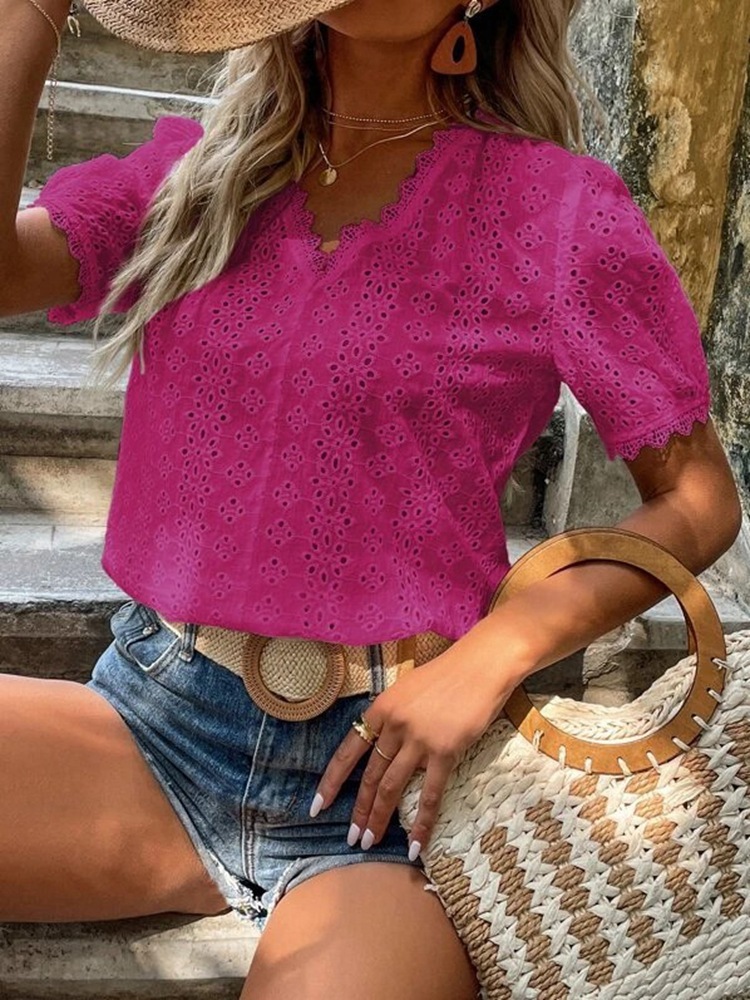 Solid-color Short-sleeved Cutout Blouse