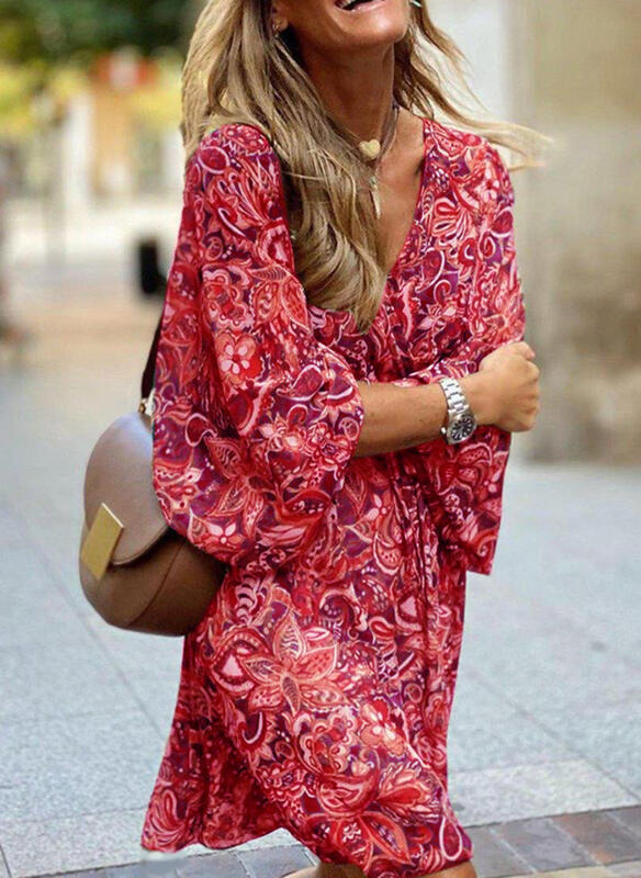 Mid-waist pullover short-sleeved printed loose dress