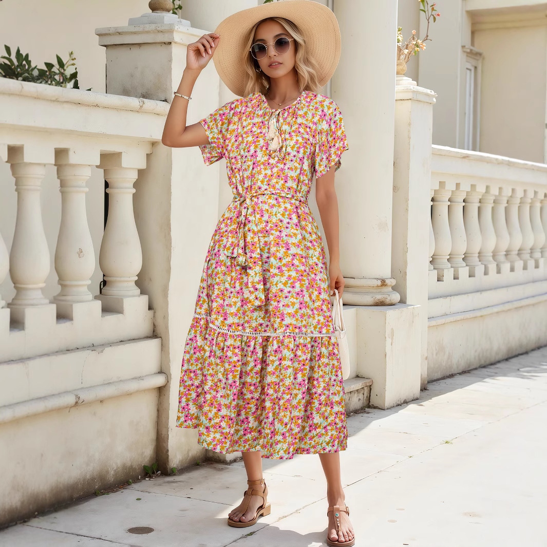 Cotton Printed Dress with Eyelet Lace Trim and Ruffled Paneling – Short Sleeves