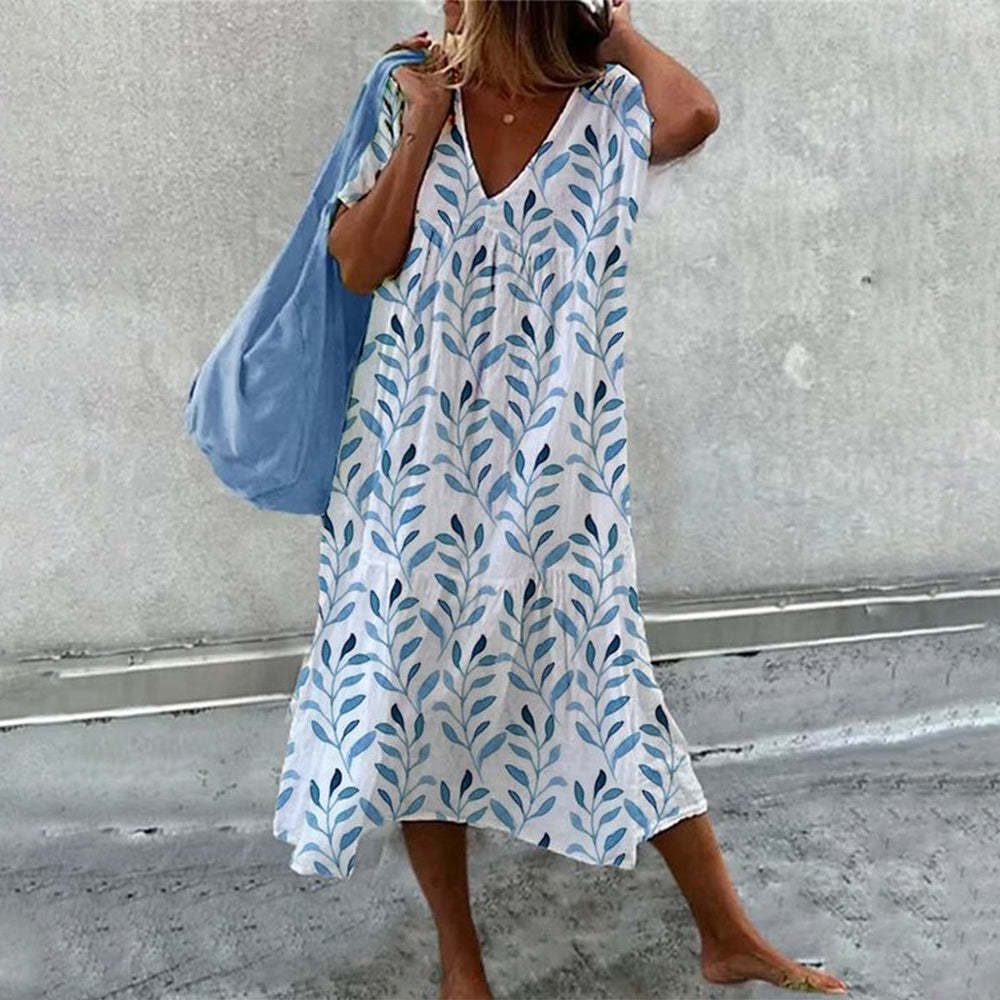 Floral print short-sleeve V-neck spliced long dress