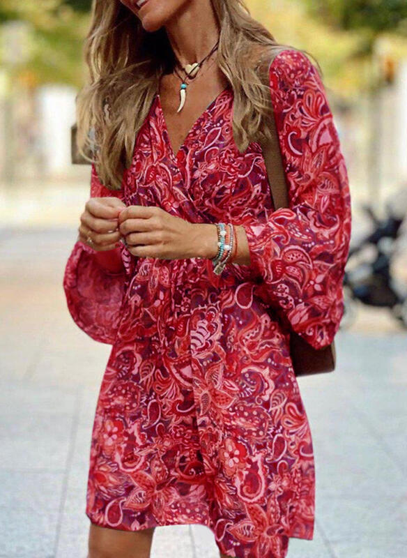 Mid-waist pullover short-sleeved printed loose dress