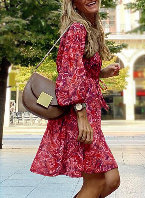 Mid-waist pullover short-sleeved printed loose dress