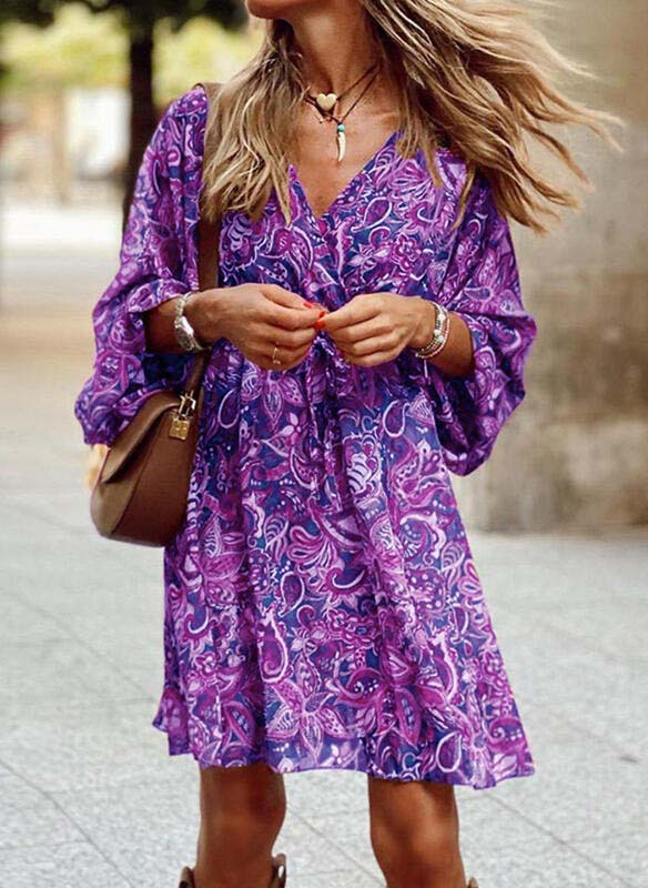 Mid-waist pullover short-sleeved printed loose dress