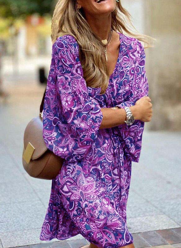 Mid-waist pullover short-sleeved printed loose dress