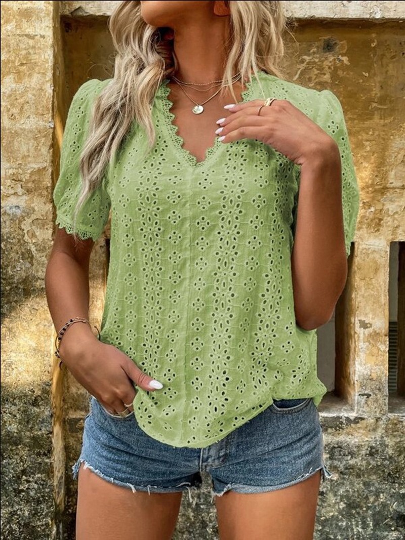 Solid-color Short-sleeved Cutout Blouse